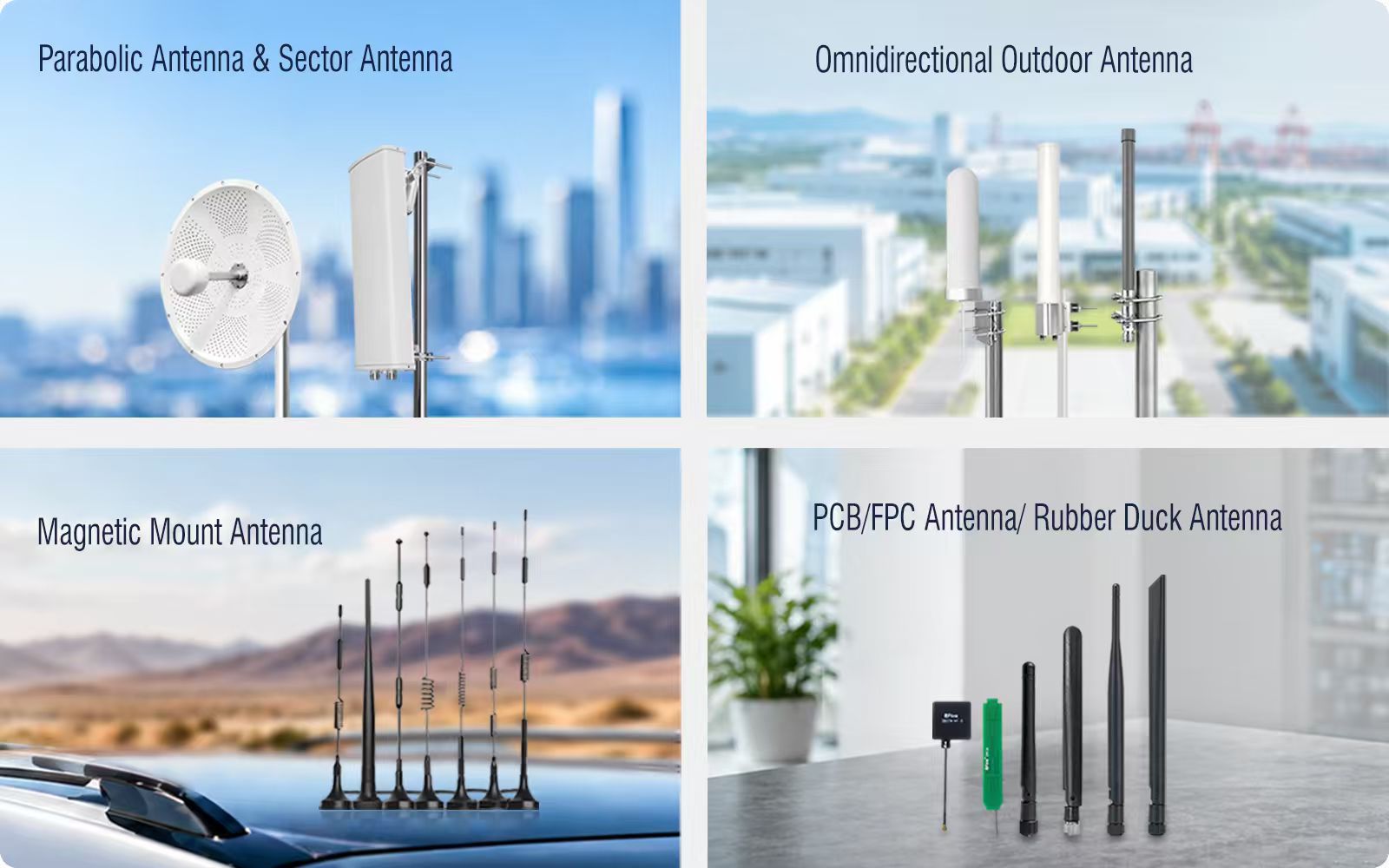 Kundenspezifische Antennentypen, einschließlich eingebetteter, externer Fiberglas-Panel- und Richtantennen