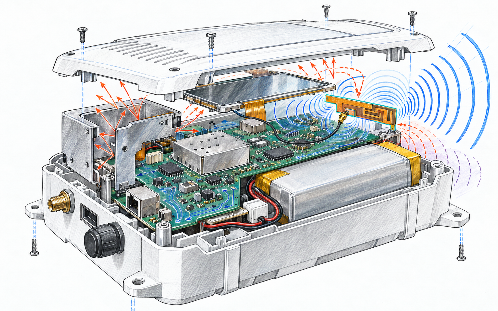 Kundenspezifische eingebettete Antenne, beeinflusst durch PCB, Batterie, Metallgehäuse und Gerätestruktur